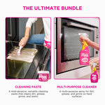 Two photos demonstrating The Pink Stuff cleaning paste and multi-purpose spray in use on an oven door and oven glass with supporting product images