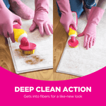 Two-panel image showing The Pink Stuff brush applied to a rug stain and then brushing the rug for deep clean action