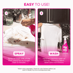Two-step instructional graphic showing spraying stained shirt then washing, with a The Pink Stuff spray bottle in the scene