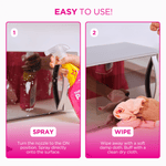 Two-panel instructional image showing spraying and wiping steps for The Pink Stuff multi-purpose cleaner with brief text cues