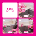 Instructional three-panel graphic showing scooping, scrubbing and rinsing with The Pink Stuff in a kitchen sink.