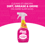 Promotional hero image of The Pink Stuff spray bottle against a pink background with text about cleaning dirt, grease and grime
