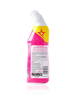 Rear-side view of The Pink Stuff Miracle Toilet Cleaner bottle showing product information panel and angled cap