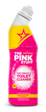 Bright pink and yellow angled bottle of The Pink Stuff Miracle Toilet Cleaner with visible label and cap
