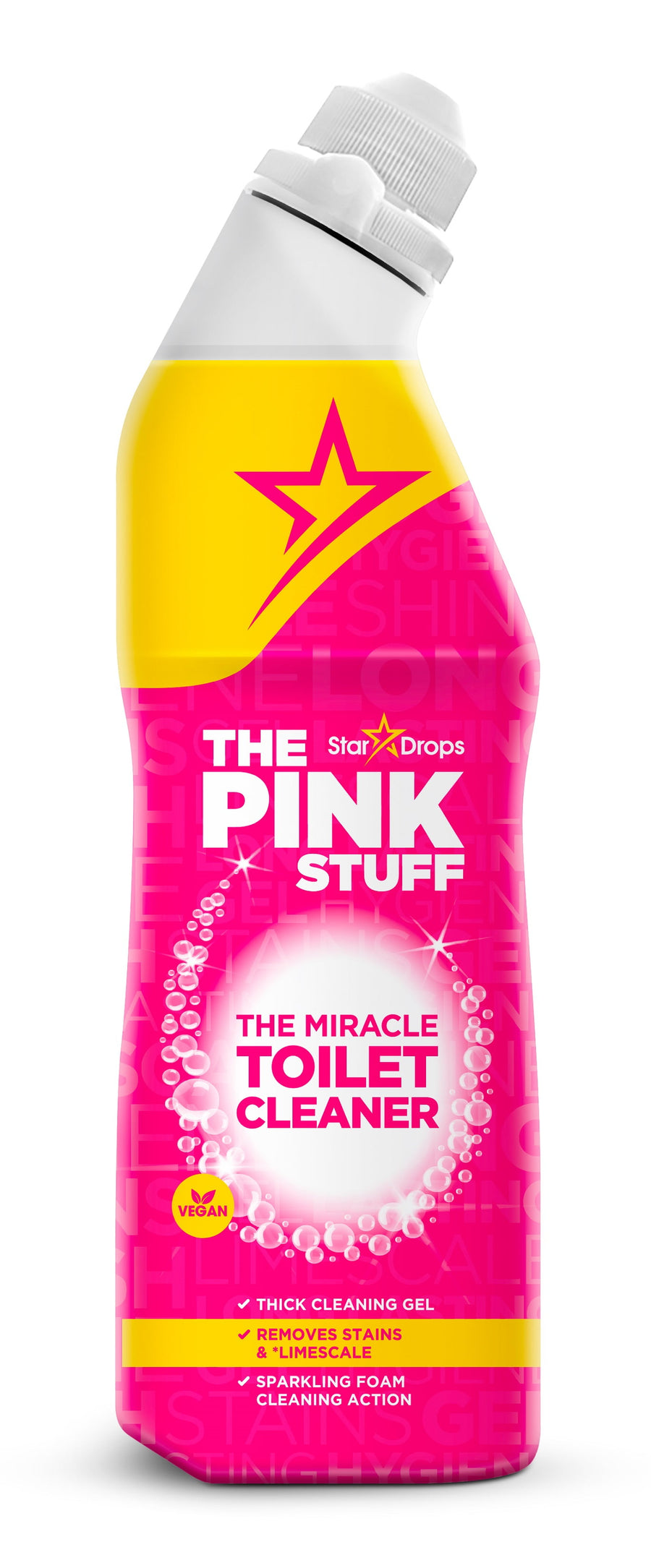 Bright pink and yellow angled bottle of The Pink Stuff Miracle Toilet Cleaner with visible label and cap