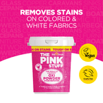 Styled product image of The Pink Stuff Oxi Powder tub with bold text and vegan and cruelty-free badges