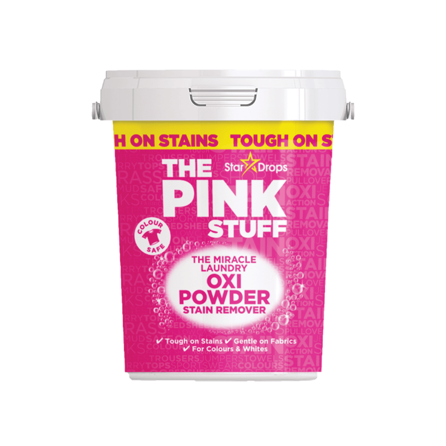 Front-facing tub of The Pink Stuff Miracle Laundry Oxi Powder stain remover with pink label