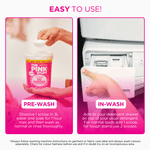 Instructional two-panel graphic showing pre-wash and in-wash use of The Pink Stuff Oxi Powder with product photos