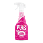 Front-facing pink spray bottle of The Pink Stuff Oxi Stain Remover on white background, clear trigger top visible