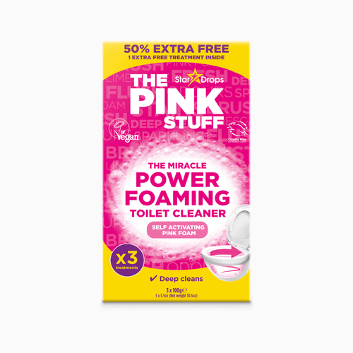 Front-facing boxed package of The Pink Stuff Power Foaming Toilet Cleaner with bold pink and yellow design.