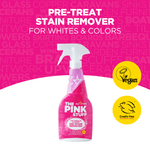 Promotional graphic with a pink The Pink Stuff spray bottle and bold text "PRE-TREAT STAIN REMOVER" on pink background