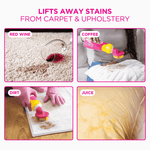 Four-panel grid showing examples of stains (red wine, coffee, dirt, juice) and The Pink Stuff being used to lift them