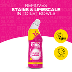 Promotional graphic of The Pink Stuff Miracle Toilet Cleaner bottle with text ‘removes stains & limescale’ and vegan/cruelty icons