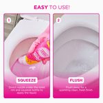 Two-panel instructional graphic showing squeezing The Pink Stuff into a toilet then flushing for a clean finish