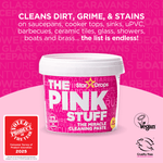 Product-focused graphic of The Pink Stuff tub on a pink background with text about cleaning dirt, grime and stains.