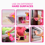 Grid of six close-up shots showing The Pink Stuff spray being used on various hard surfaces like sinks, microwaves and fridges