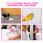 Four-panel lifestyle collage showing The Pink Stuff cleaner used on floors, tiles, countertops, and glass