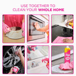 Six lifestyle vignettes showing The Pink Stuff products used around the home with headline 'Use together to clean your whole home'