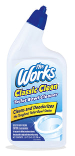 White plastic bottle of The Works Classic Clean toilet bowl cleaner showing full front label and blue angled nozzle