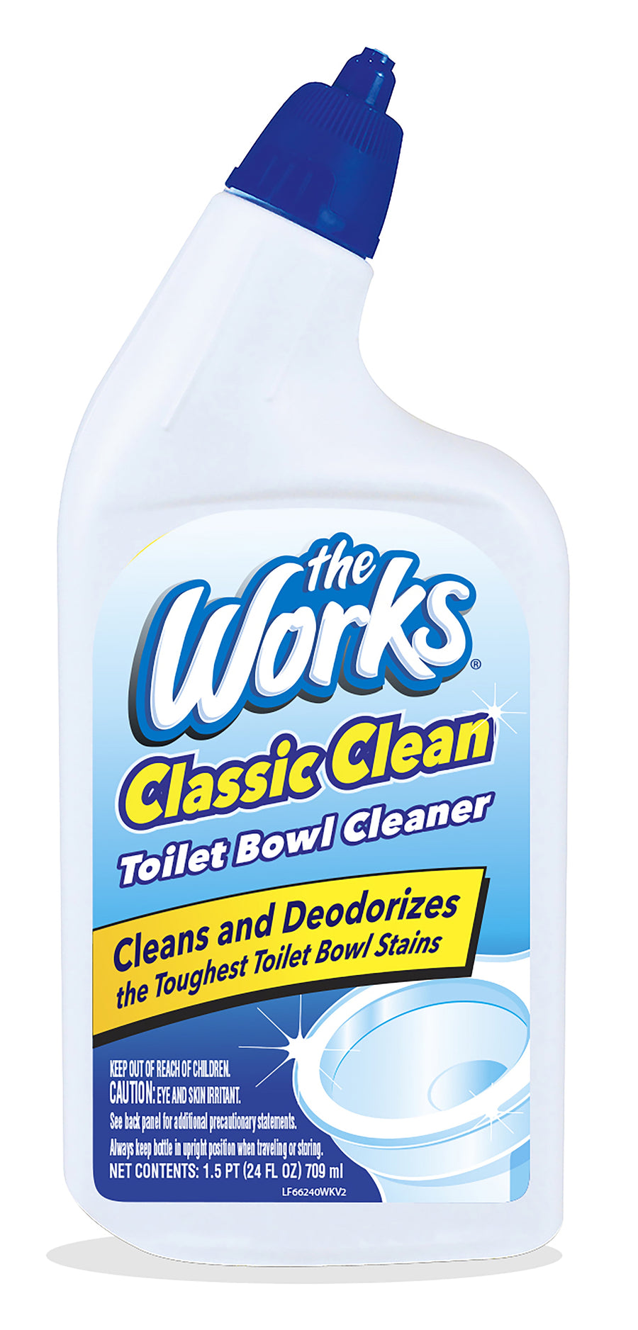 White plastic bottle of The Works Classic Clean toilet bowl cleaner showing full front label and blue angled nozzle