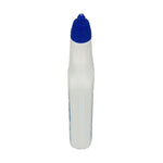 Narrow top-down side profile of a white The Works toilet bowl cleaner bottle with a blue pointed nozzle