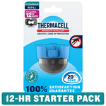 Thermacell blue-topped mosquito repellent refill cartridge in retail blister pack with 20 ft zone and satisfaction guarantee graphics