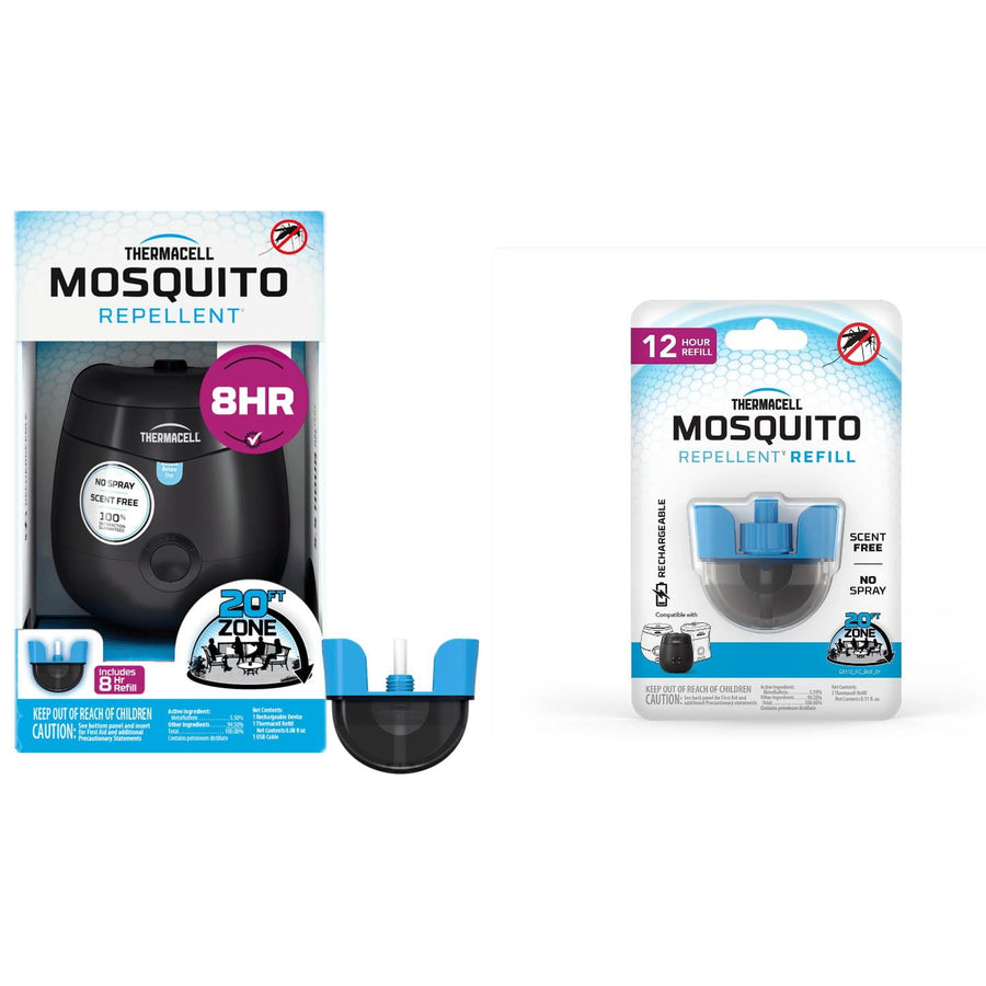 Thermacell black mosquito-repellent device boxed display shown next to a blue-topped refill cartridge blister pack