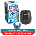 Thermacell black cylindrical mosquito repellent device shown with its retail box and a blue-topped refill cartridge