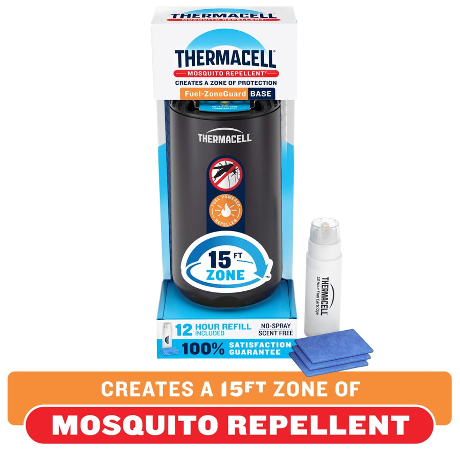 Thermacell black Fuel-ZoneGuard base repeller in retail packaging with refill bottle and blue repellent mats