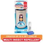 Thermacell Fuel-ZoneGuard base repeller in beige packaging with refill bottle and three blue repellent mats displayed