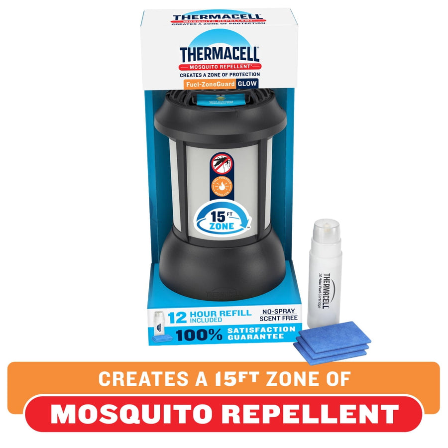 Thermacell Fuel-ZoneGuard lantern repeller in retail packaging with refill canister and blue repellent mats visible