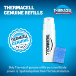 Single Thermacell fuel cartridge and a blue repellent mat displayed beside a 'genuine refills' badge on blue background