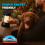 Person holding a Thermacell lantern-style repeller beside a brown puppy with text stating people and pet friendly