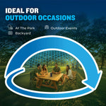 Graphic of an outdoor picnic scene enclosed by a blue dome arrow indicating a protected zone for outdoor occasions