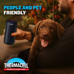Person holding a Thermacell repeller beside a seated brown puppy with text claiming people and pet friendly