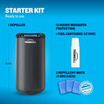 Starter kit diagram showing the black Thermacell repeller, fuel cartridge and three blue repellent mats with dimensions