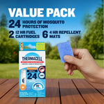 Value pack graphic showing Thermacell refill box on a table and a hand holding a blue repellent mat outdoors