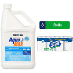 White jug of Thetford AquaMax holding tank treatment beside an 8-roll pack of Scott Rapid Dissolving toilet paper on white background.