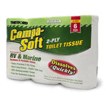 Front-angle view of Thetford Campa-Soft 2-ply toilet tissue package for RV and marine use with green branding and 'Dissolves Quickly' badge.