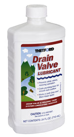 White plastic bottle of Thetford Drain Valve Lubricant with colorful mountain label