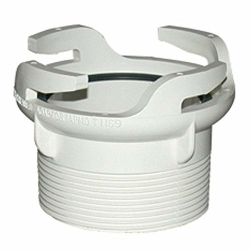 White Thetford threaded hose adaptor with locking tabs and visible black inner gasket