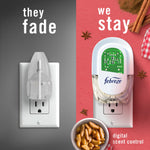 Split-panel comparison showing an old-style fading refill on left and a Febreze plug-in with circuit board view on right