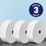 Three large white Charmin Forever refill rolls shown side-by-side on a wood surface with a blue badge reading sold in 3 rolls.