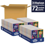 Three retail display trays filled with Kleenex On-The-Go pocket packs in an open shipping box, '72 pocket packs' text