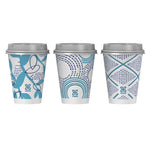 Three Dixie To Go 12 oz paper cups with different blue graphic patterns and gray lids on a white background