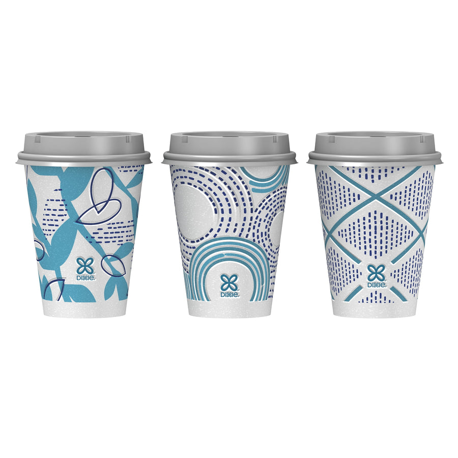 Three Dixie To Go 12 oz paper cups with different blue graphic patterns and gray lids on a white background