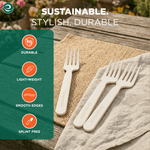 Three EcoSoul compostable forks on a textured mat with overlay icons highlighting durable, lightweight, smooth edges and splint-free features.