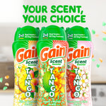 Three Gain Tango scent booster bottles in different scents with headline your scent, your choice above them