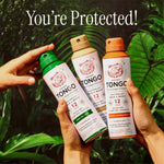 Three Grand Tongo insect repellent cans held up by hands against a leafy background with You’re Protected! headline