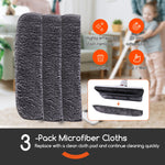 Three dark gray microfiber cloth pads displayed with icons for stain removal, strong adsorption and wet/dry use and inset showing pad attached to floor head.